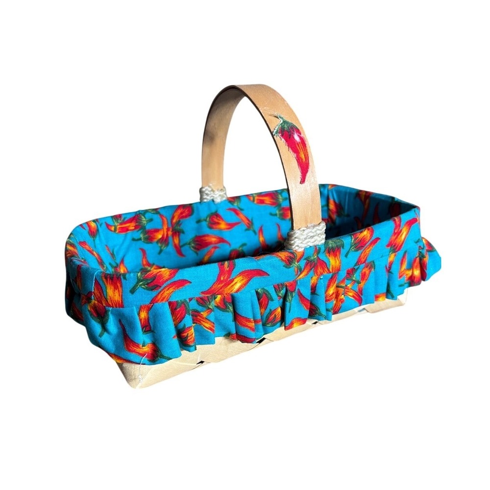 Handcrafted Basket w/ Turquoise Liner & Red Chili Peppers Southwestern 12" GIFT